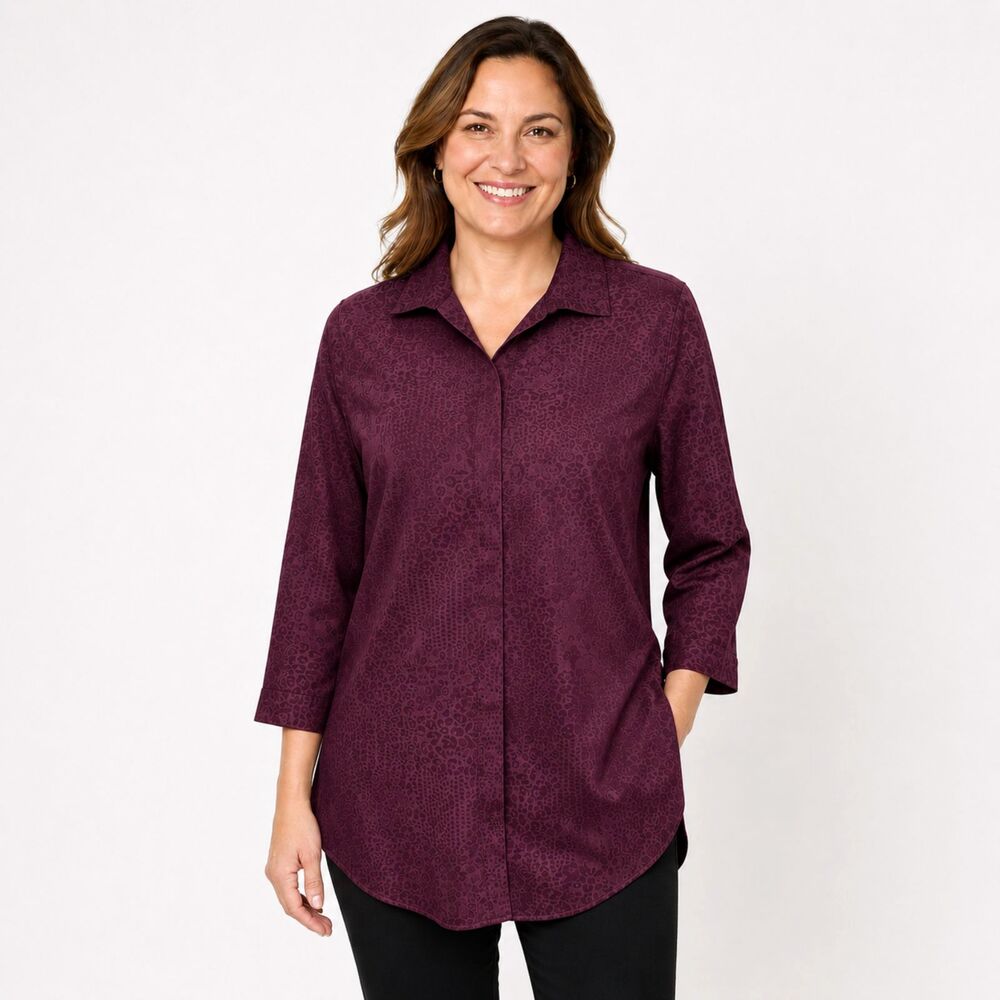 Chico's No Iron Jacquard Burgundy Tunic Shirt Size 2.5 (14) LIKE NEW